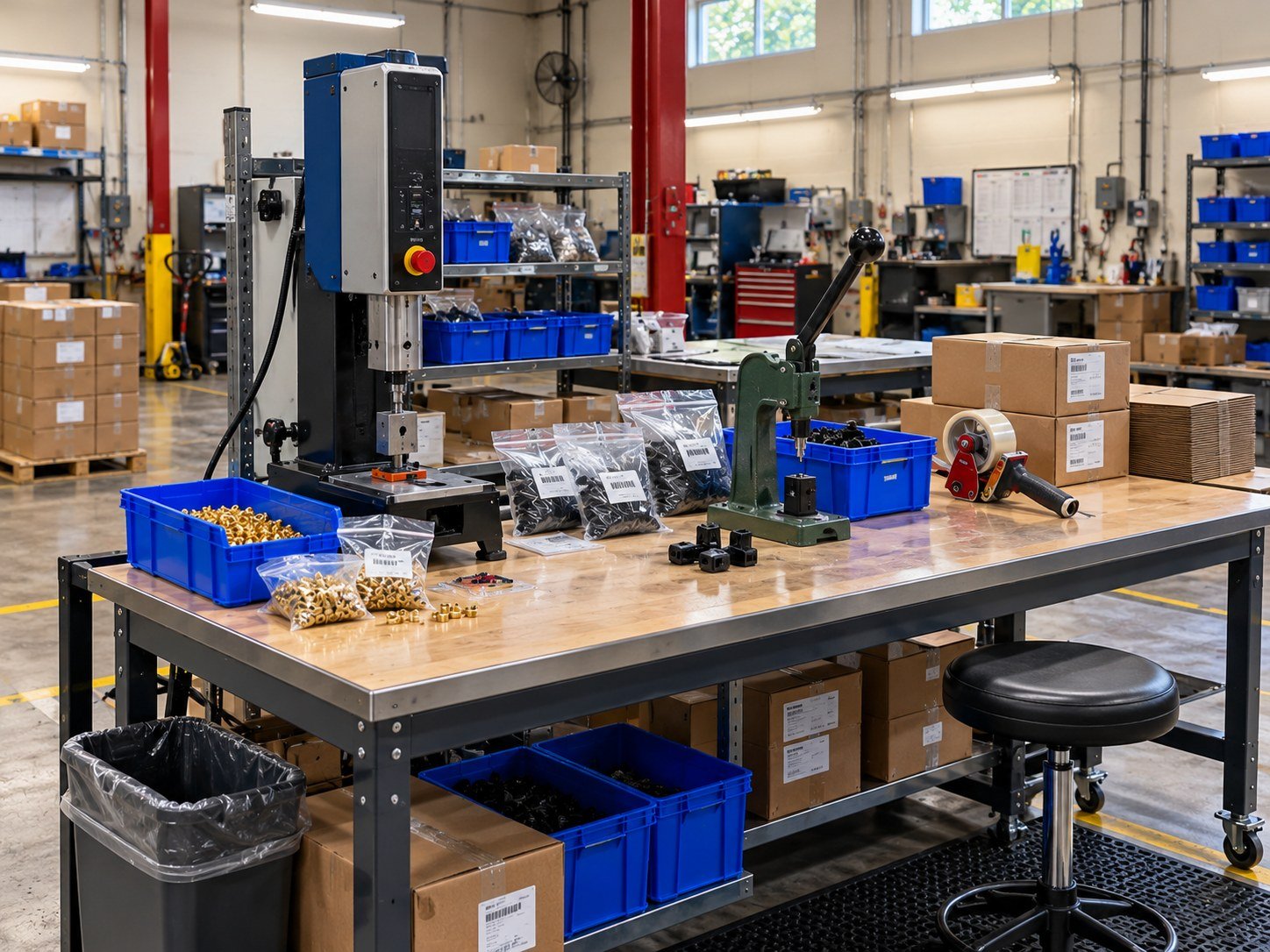 Assembly bench with ultrasonic welder and kitted parts