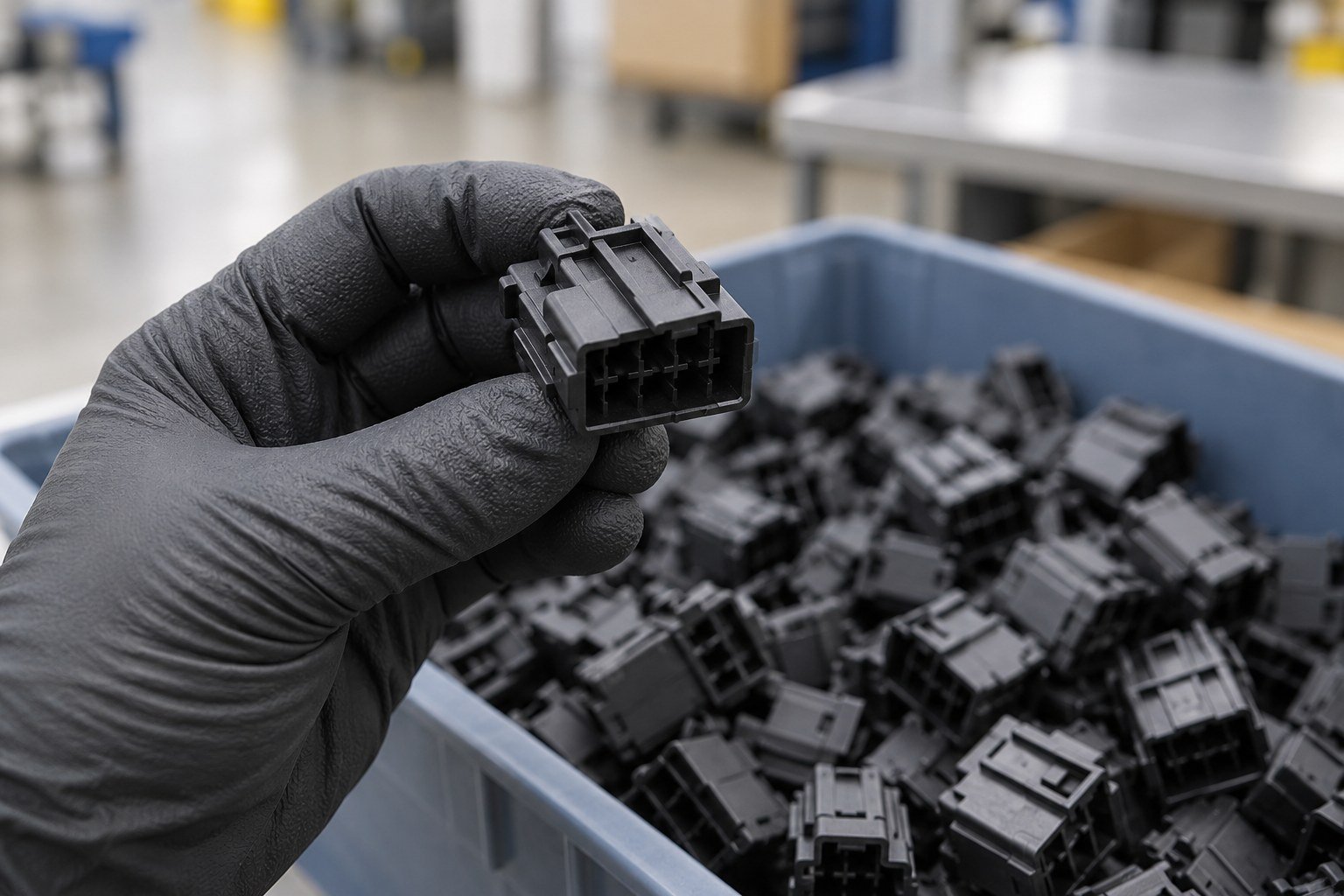 Black glass-filled nylon automotive connector housing