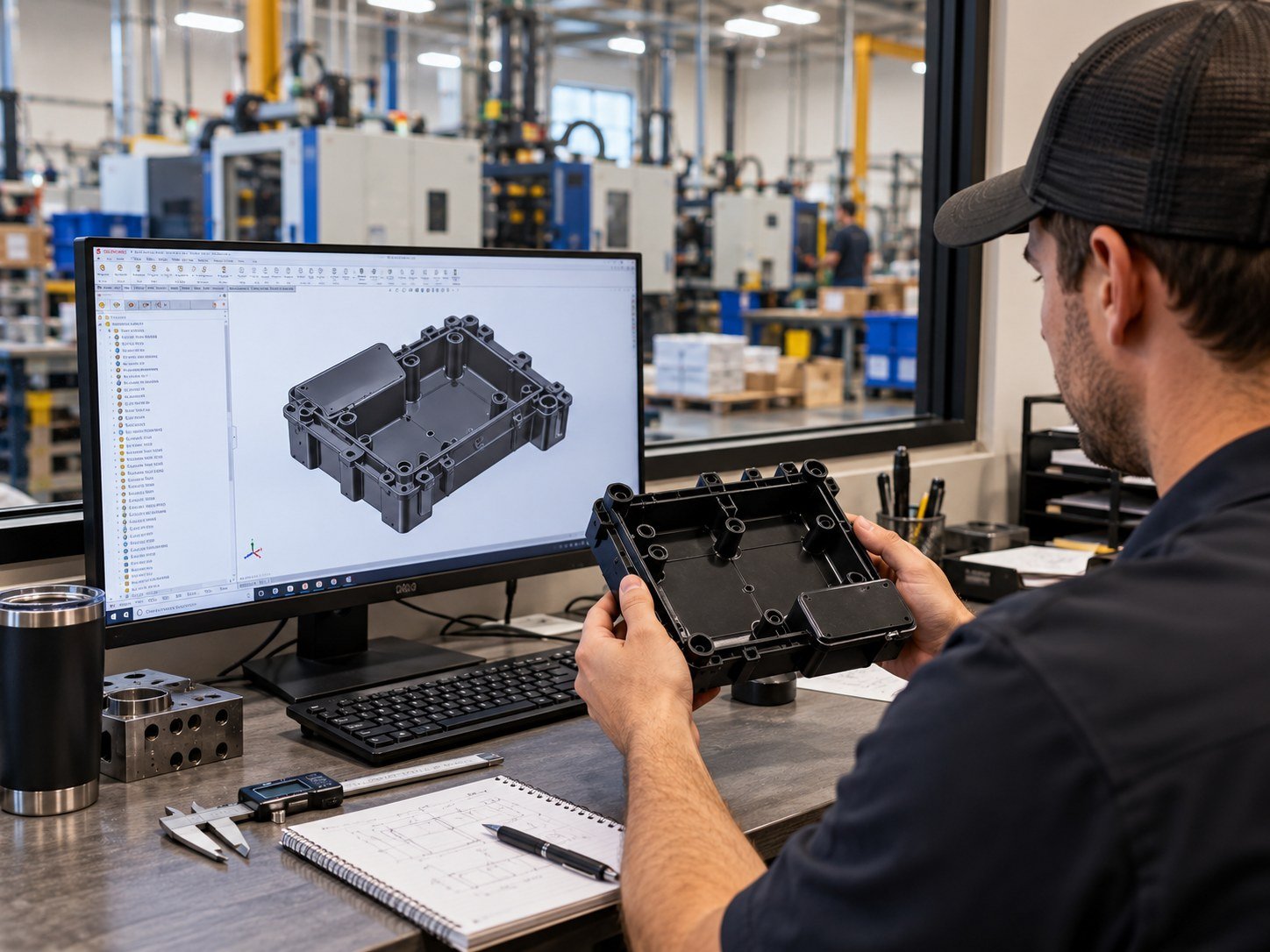 Design guide: engineer at a CAD screen with the molded part in hand
