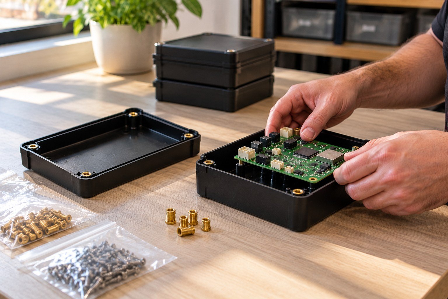 Electronics enclosure with PCB being fitted