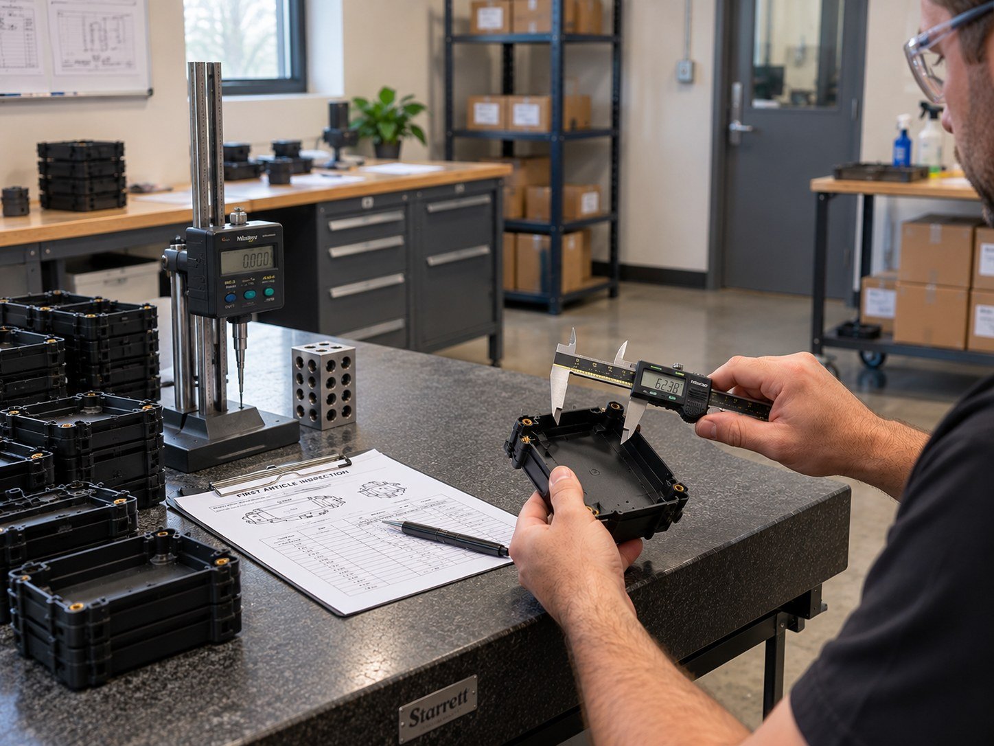 First article inspection with calipers and a height gauge