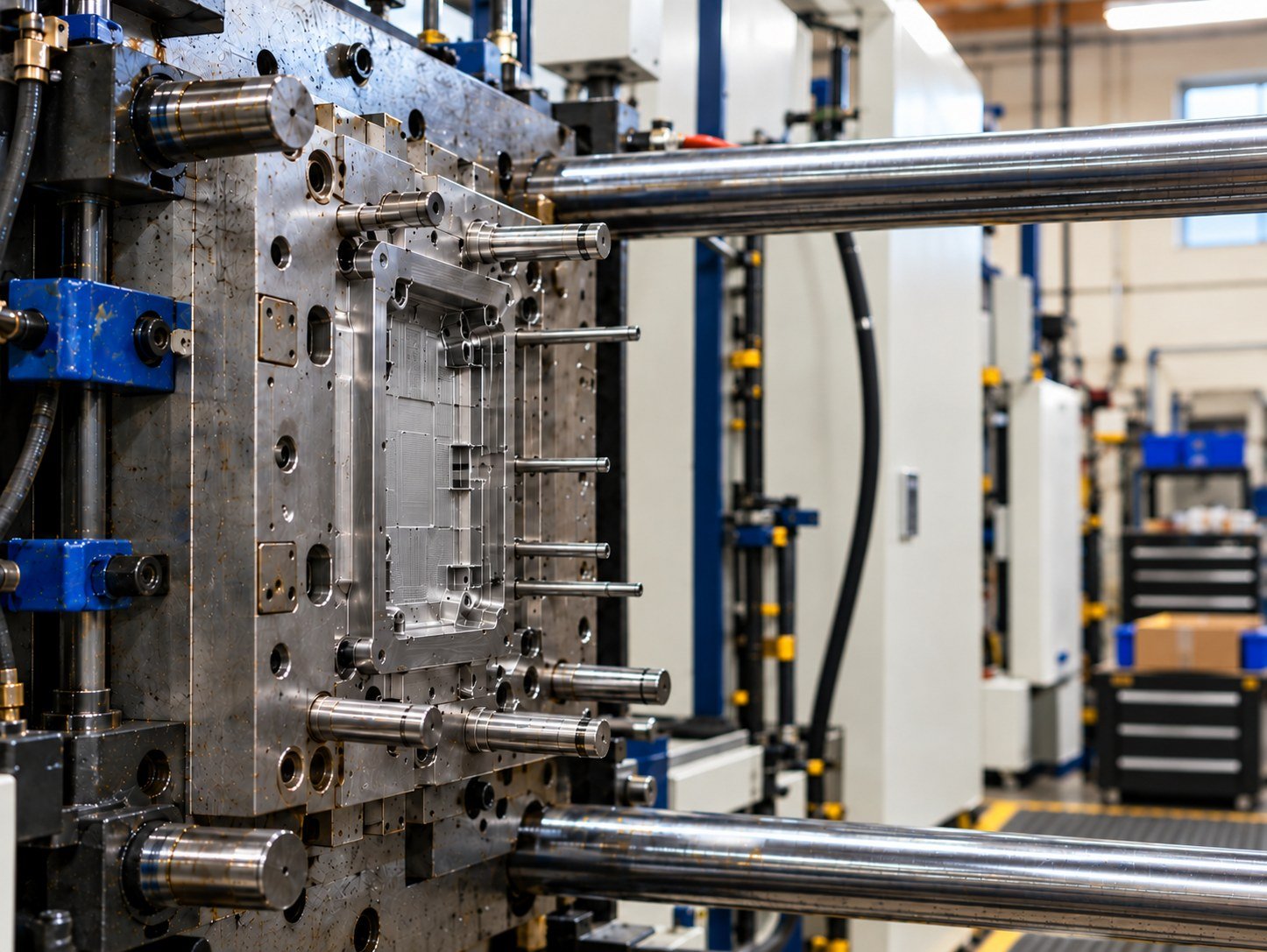 Tooling hero: production mold mounted in a press, hot runner visible