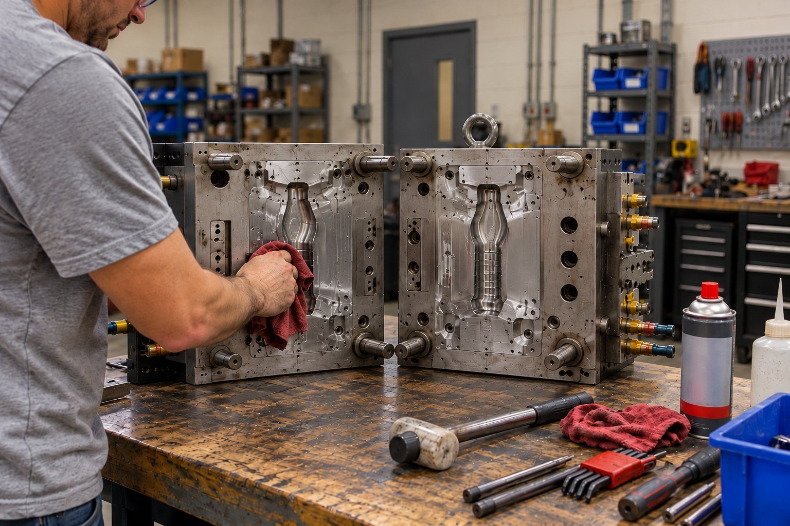 Steel injection mold halves on a bench