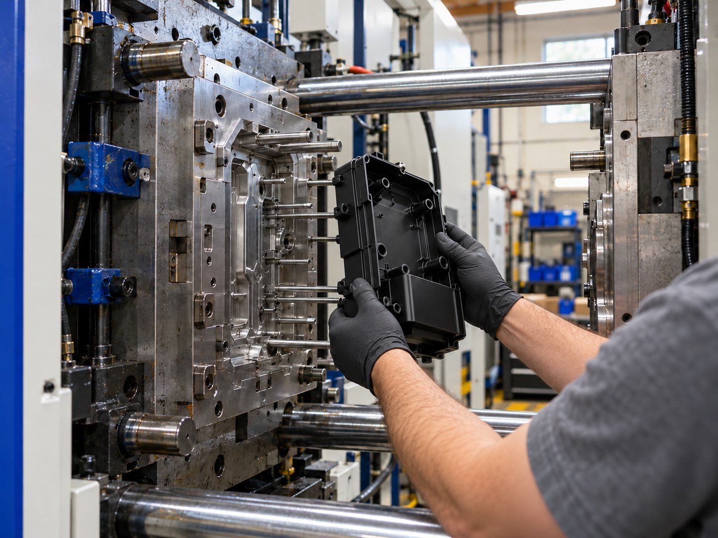 Operator removing a molded housing at the press