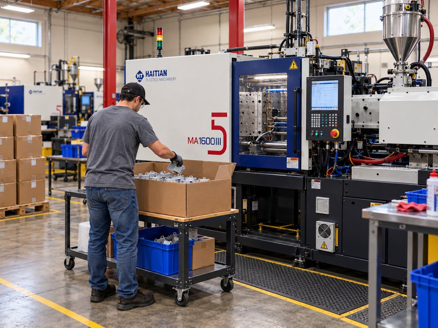 Injection molding page hero: operator boxing finished parts at the press