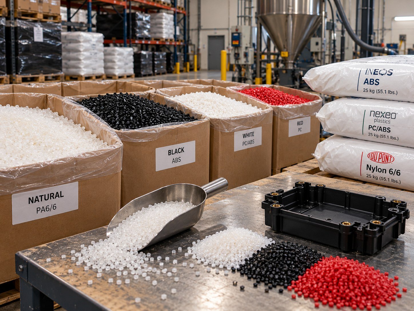 Materials hero: resin pellets in several colors spilling from sample bags