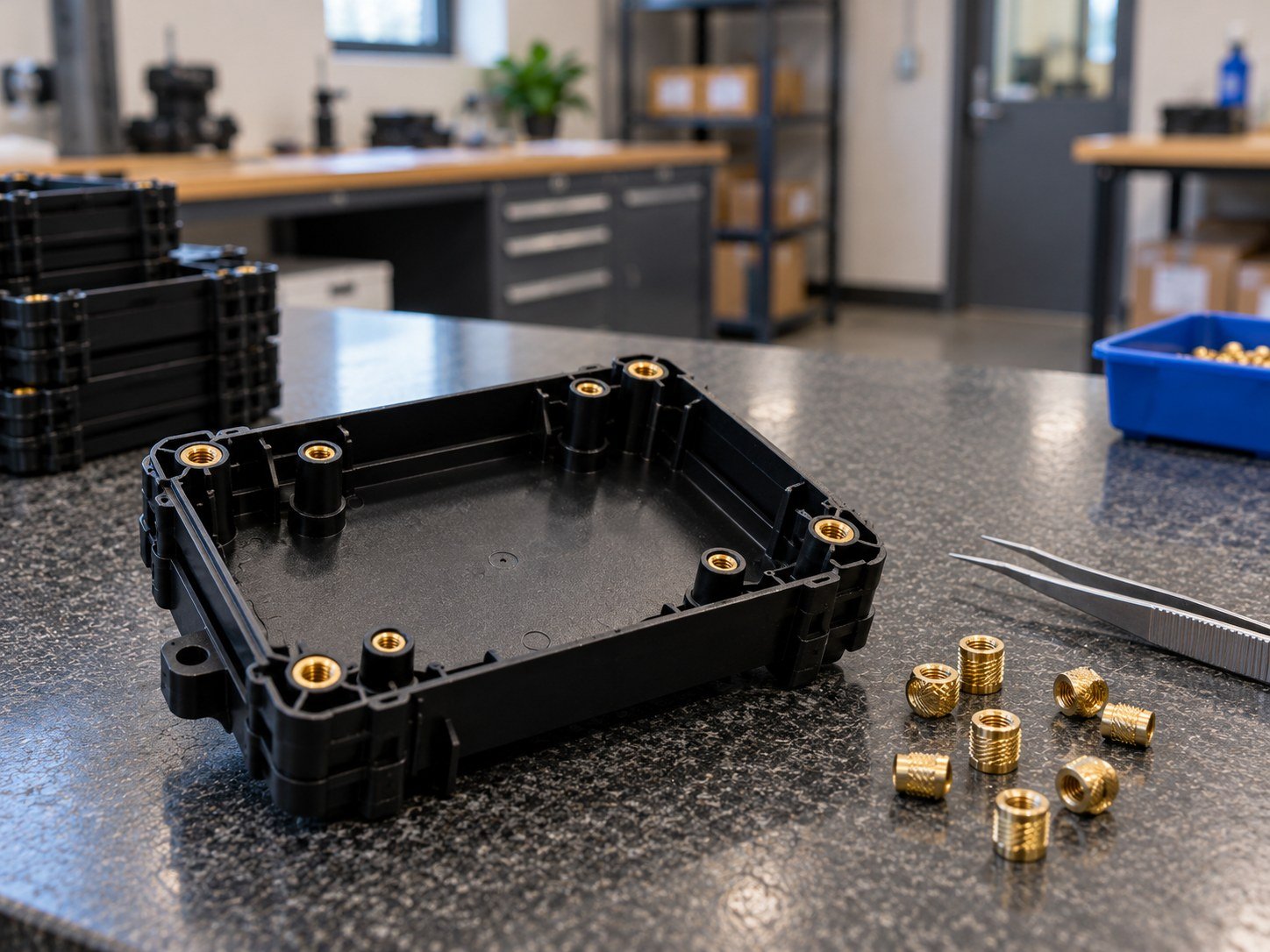 Brass threaded inserts in a molded nylon part