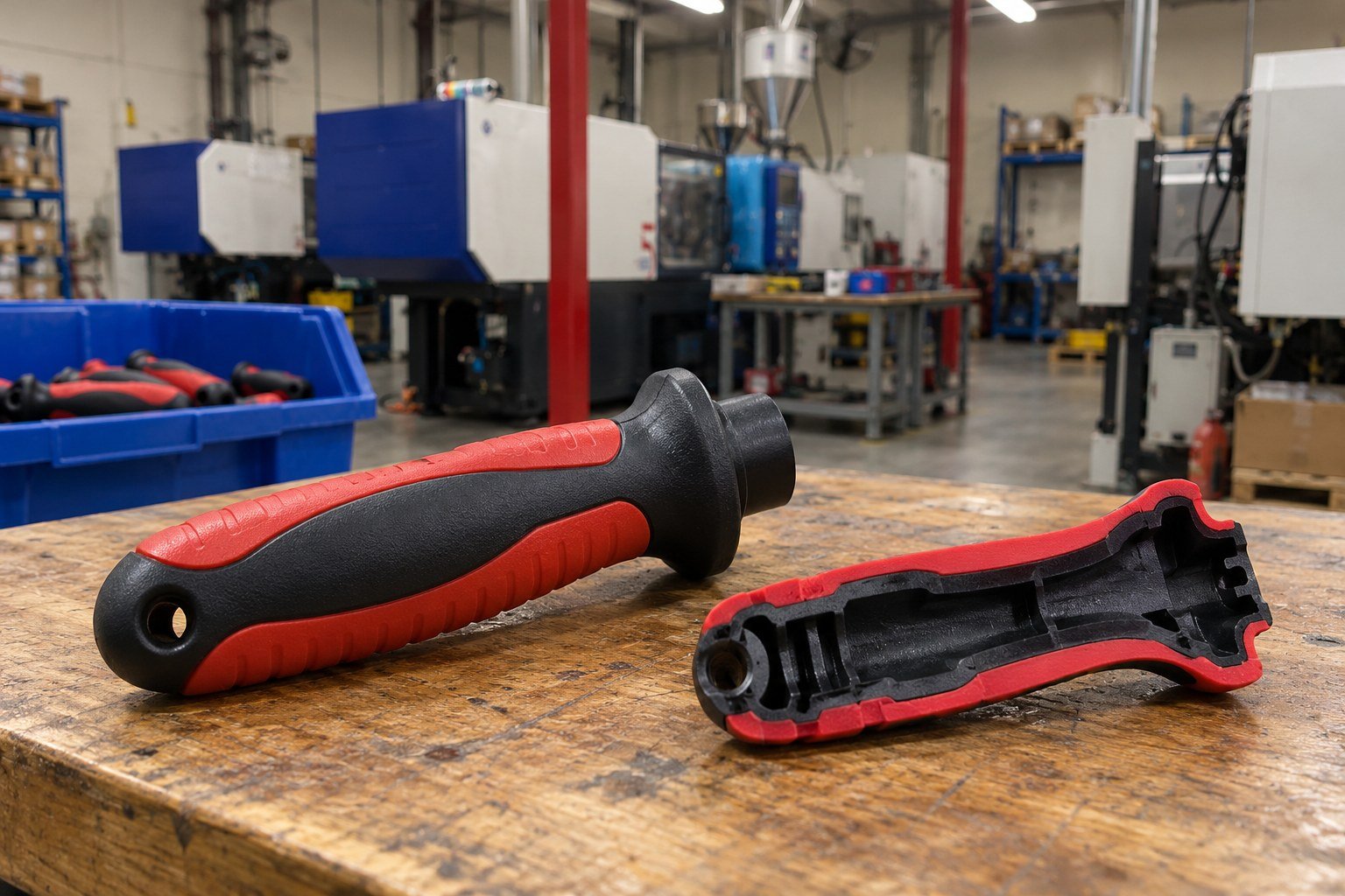 Overmolded soft-touch handle, two materials visible