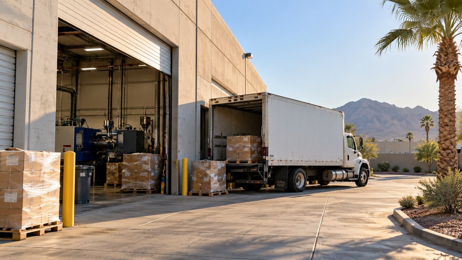 Arizona hero: loading dock of a Phoenix industrial building at morning, box truck backed in