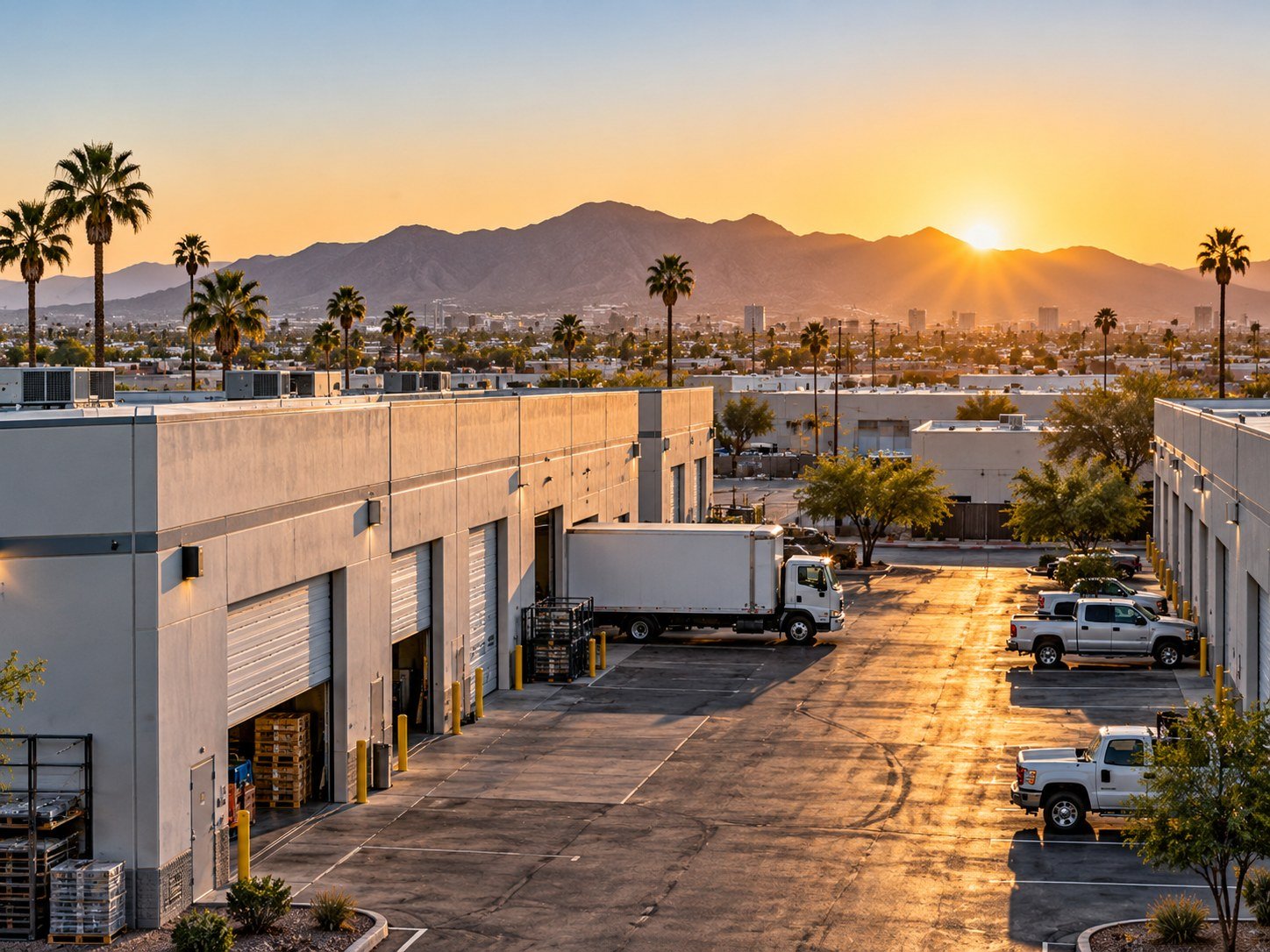 Phoenix: South Mountain industrial corridor at sunrise, trucks and the skyline