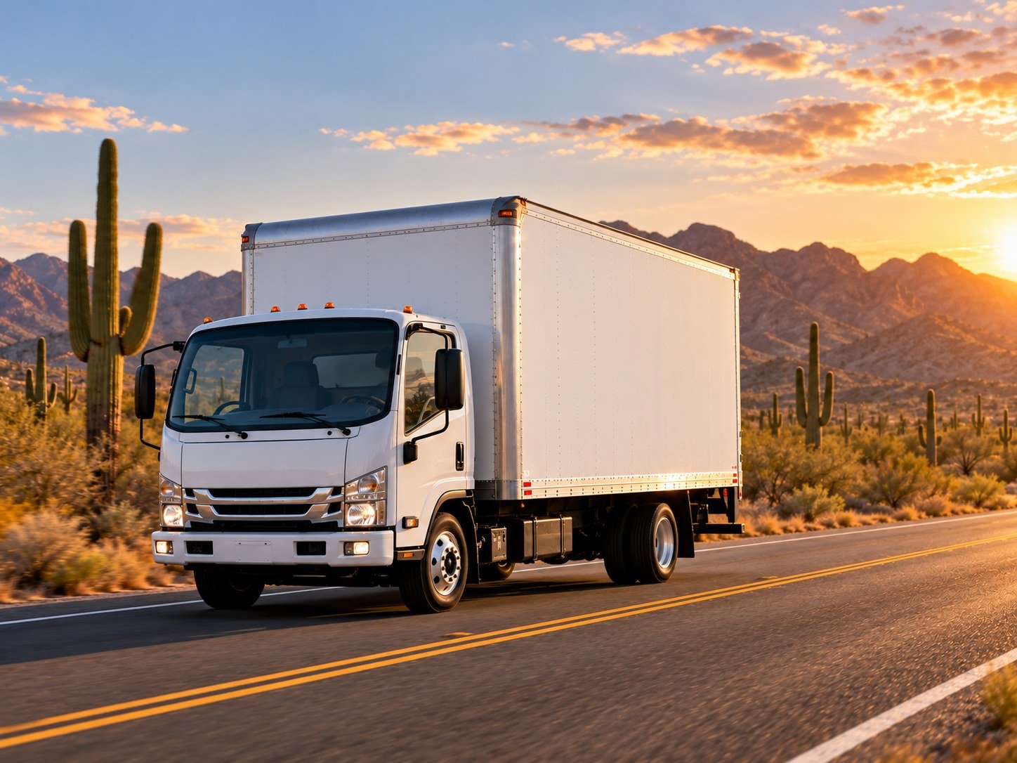 Southwest: freight truck on a desert interstate at golden hour, mountains behind